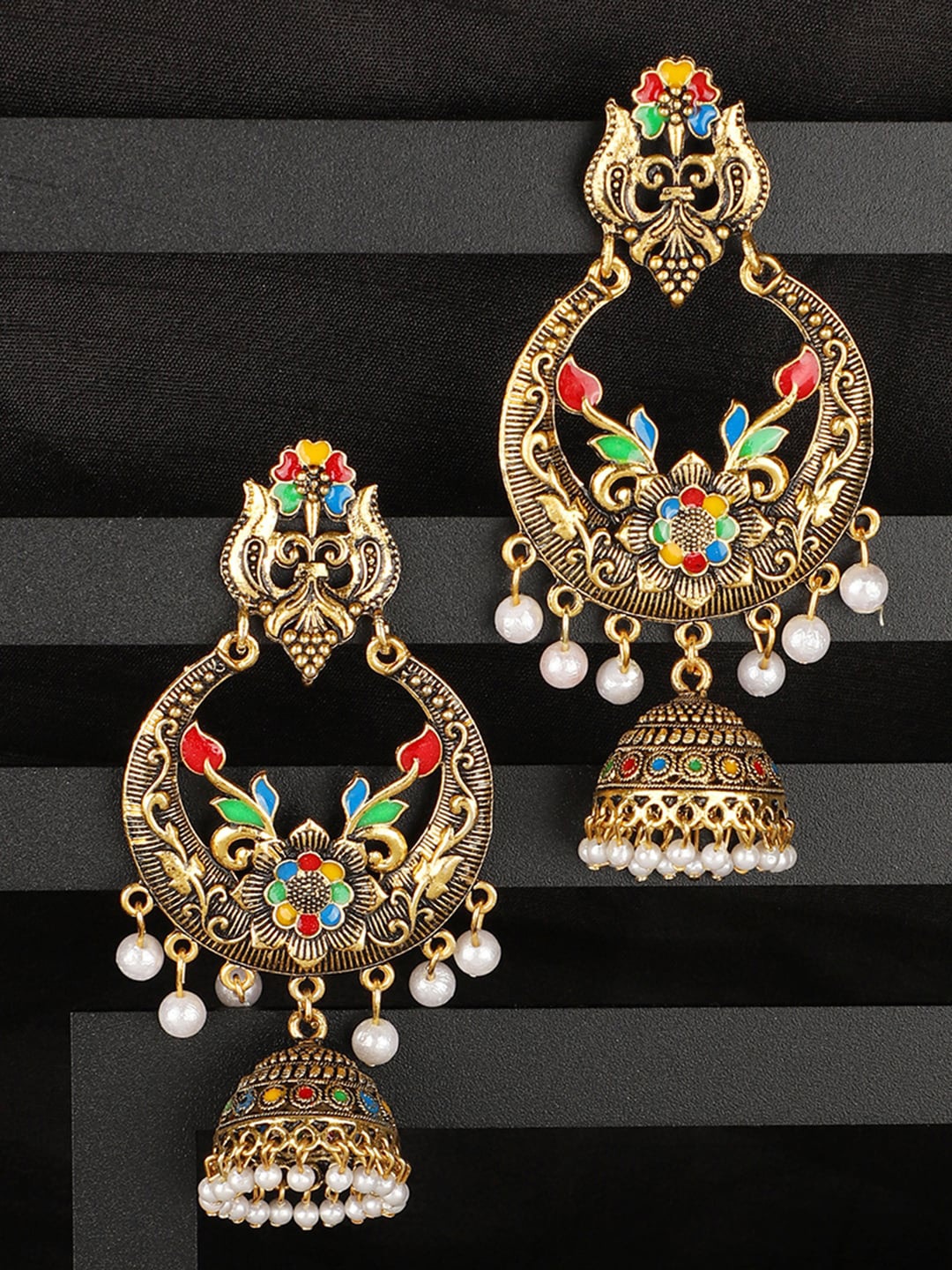 

ANIKAS CREATION Gold-Plated Red & White Dome Shaped Jhumkas