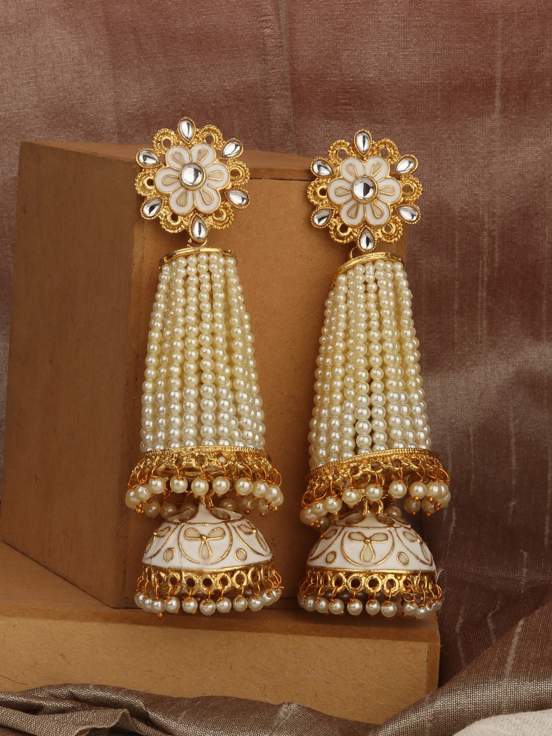 

ANIKAS CREATION Gold-Plated & White Dome Shaped Jhumkas