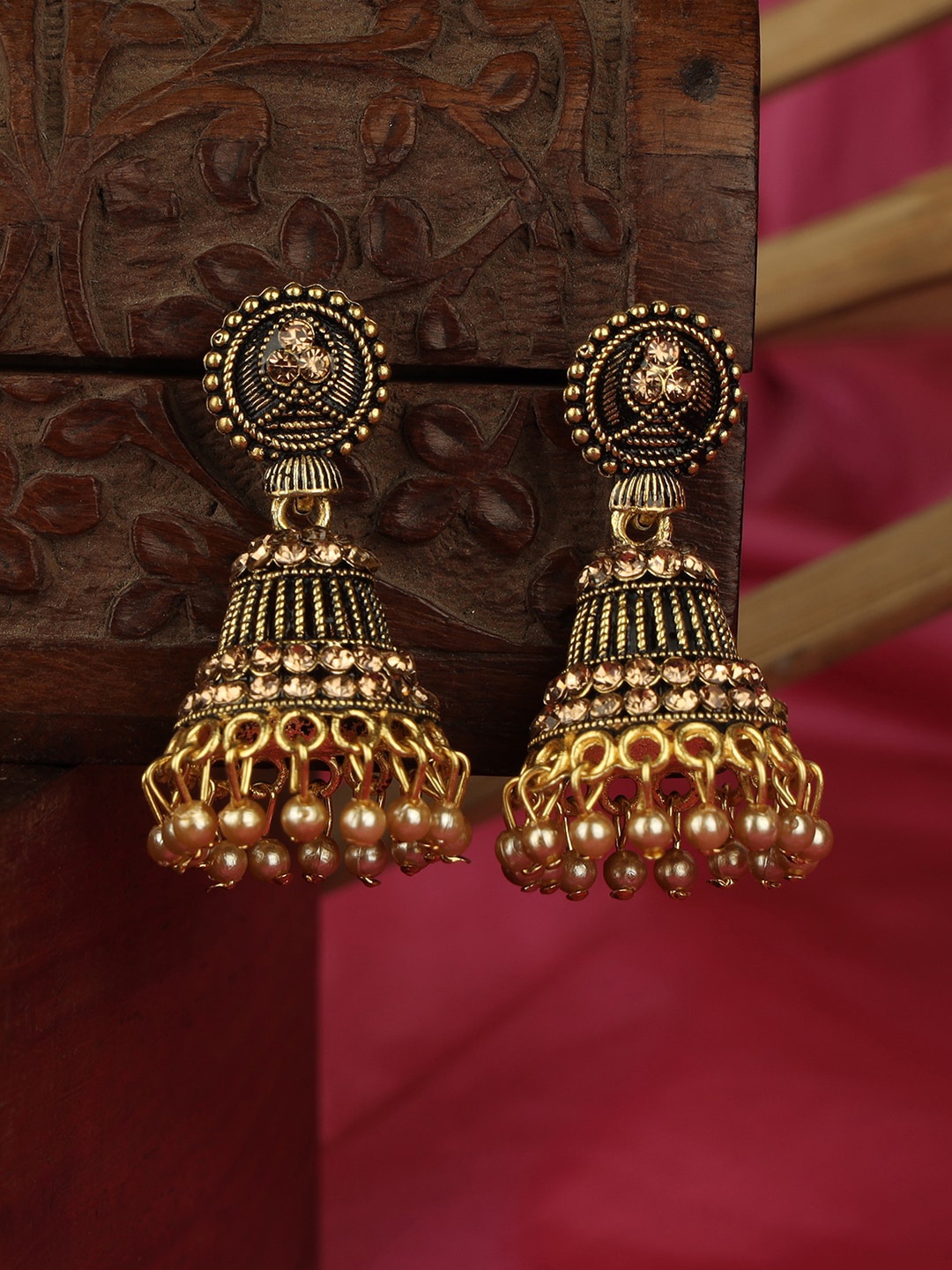 

ANIKAS CREATION Gold-Plated & Cream-Coloured Contemporary Jhumkas