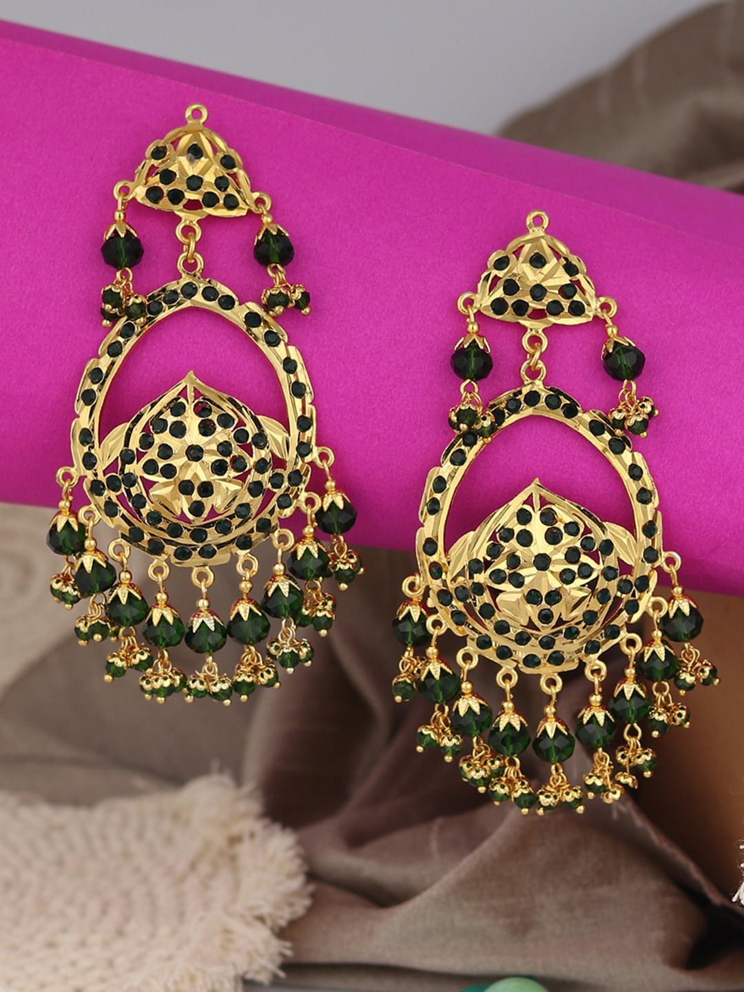 

ANIKAS CREATION Gold-Plated & Green Oval Drop Earrings