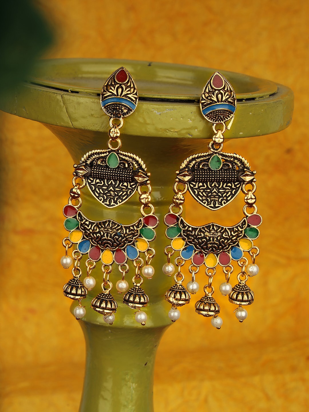 

ANIKAS CREATION Gold-Toned & Multicoloured Contemporary Drop Earrings