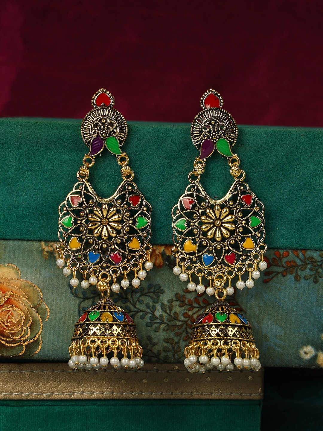 

ANIKAS CREATION Gold-Plated Green & White Dome Shaped Jhumkas