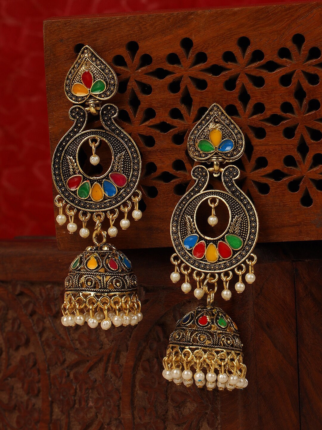 

ANIKAS CREATION Gold-Plated Yellow & Red Dome Shaped Jhumkas