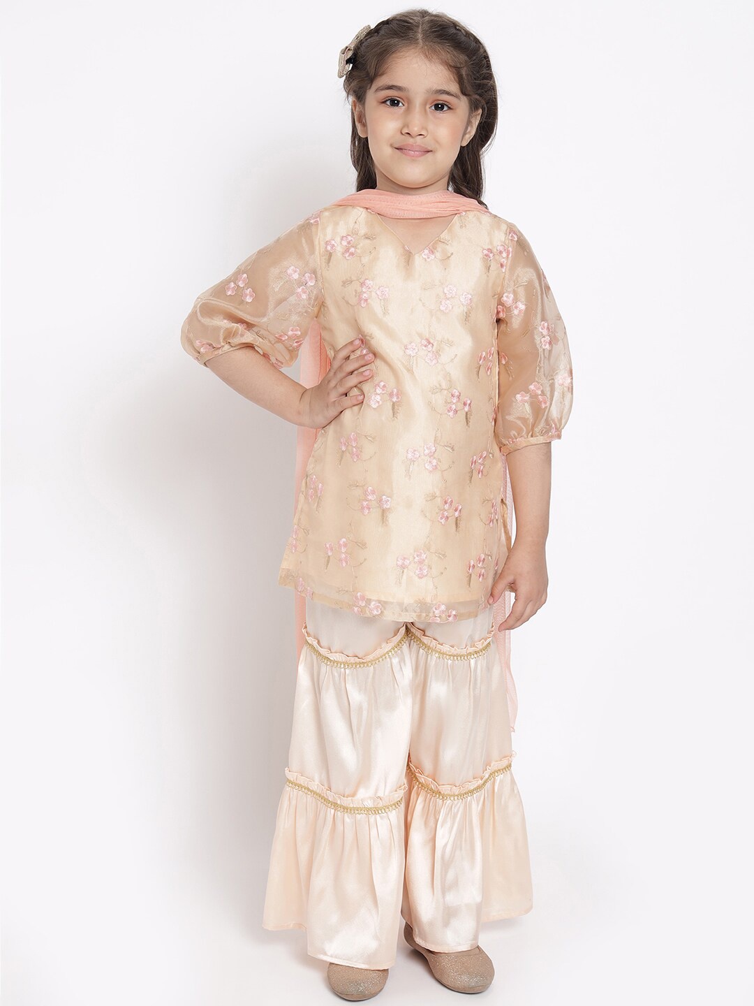 

Nauti Nati Girls Beige Embroidered Kurta with Sharara & Dupatta