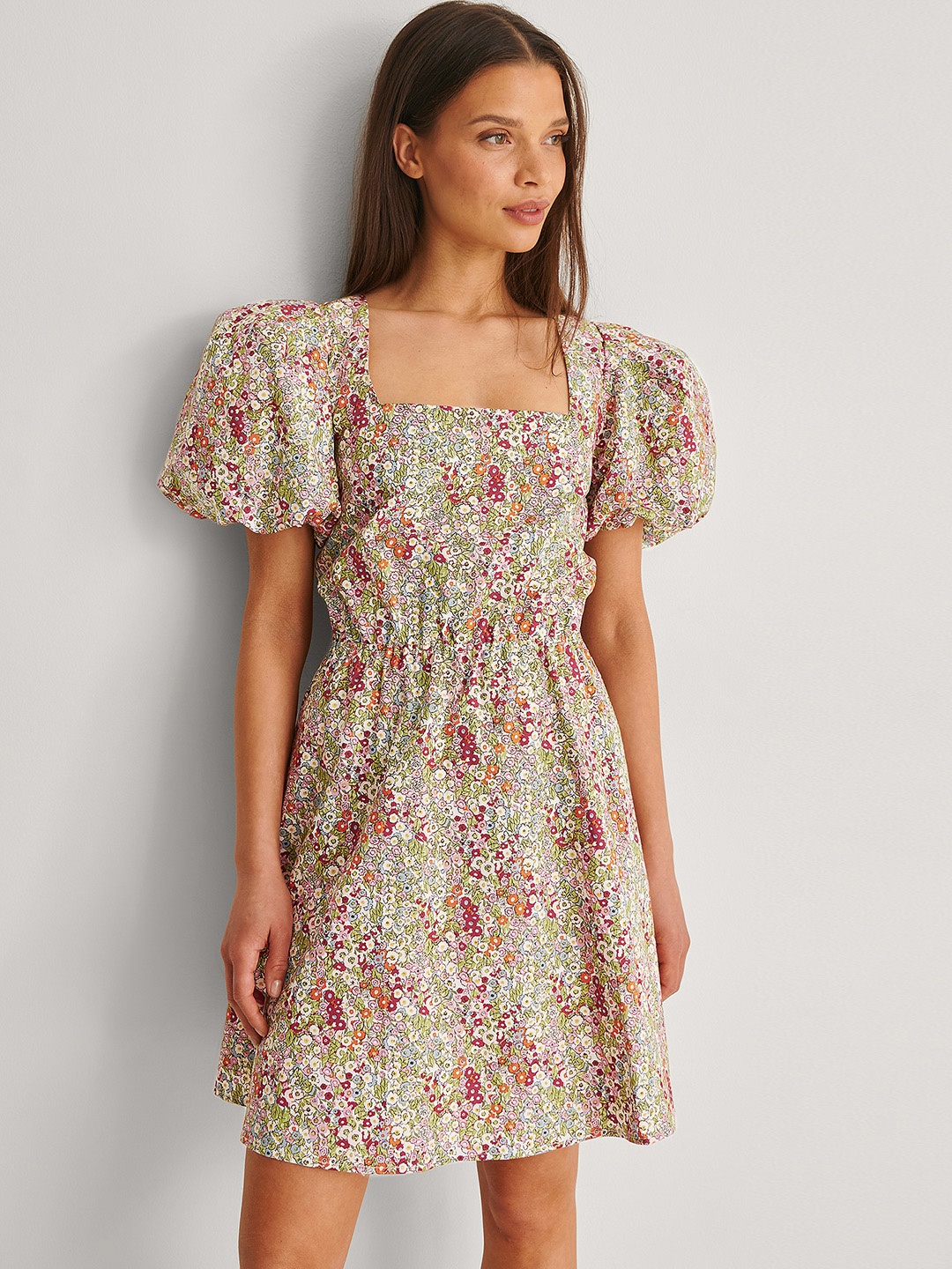 

NA-KD Women White & Green Floral Pure Cotton A-Line Dress