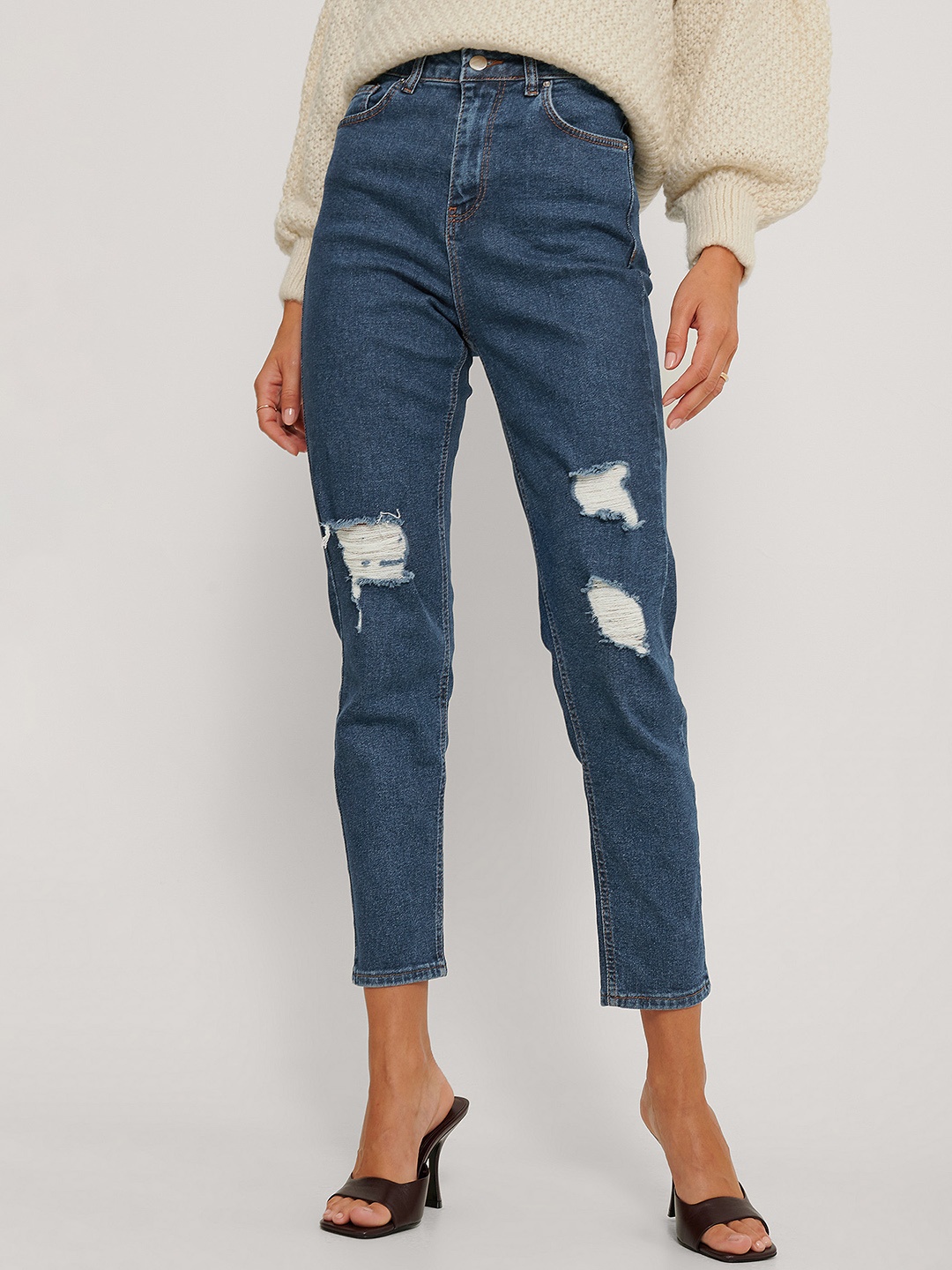 

NA-KD Women Navy Blue Pure Cotton Slim Fit High-Rise Mildly Distressed Stretchable Jeans