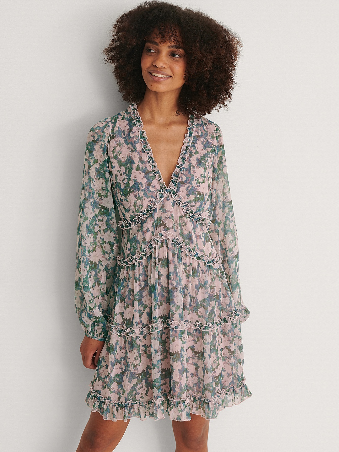 

NA-KD Women Pink & Green Printed A-Line Dress