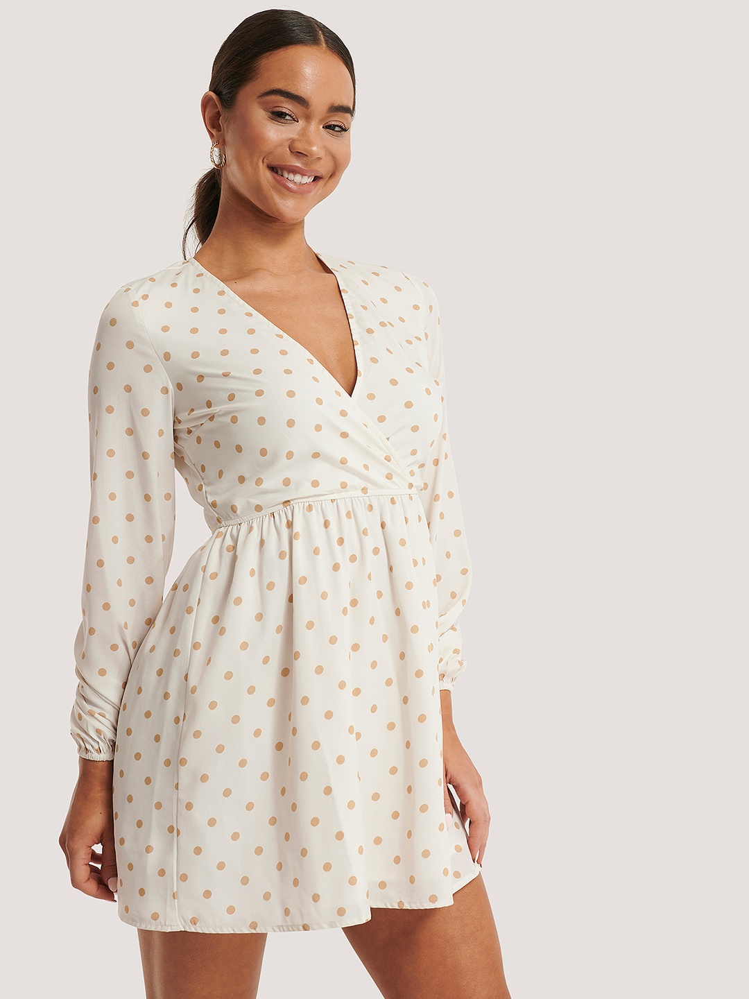 

NA-KD Women White & Beige Polka Dot Printed Wrap Dress