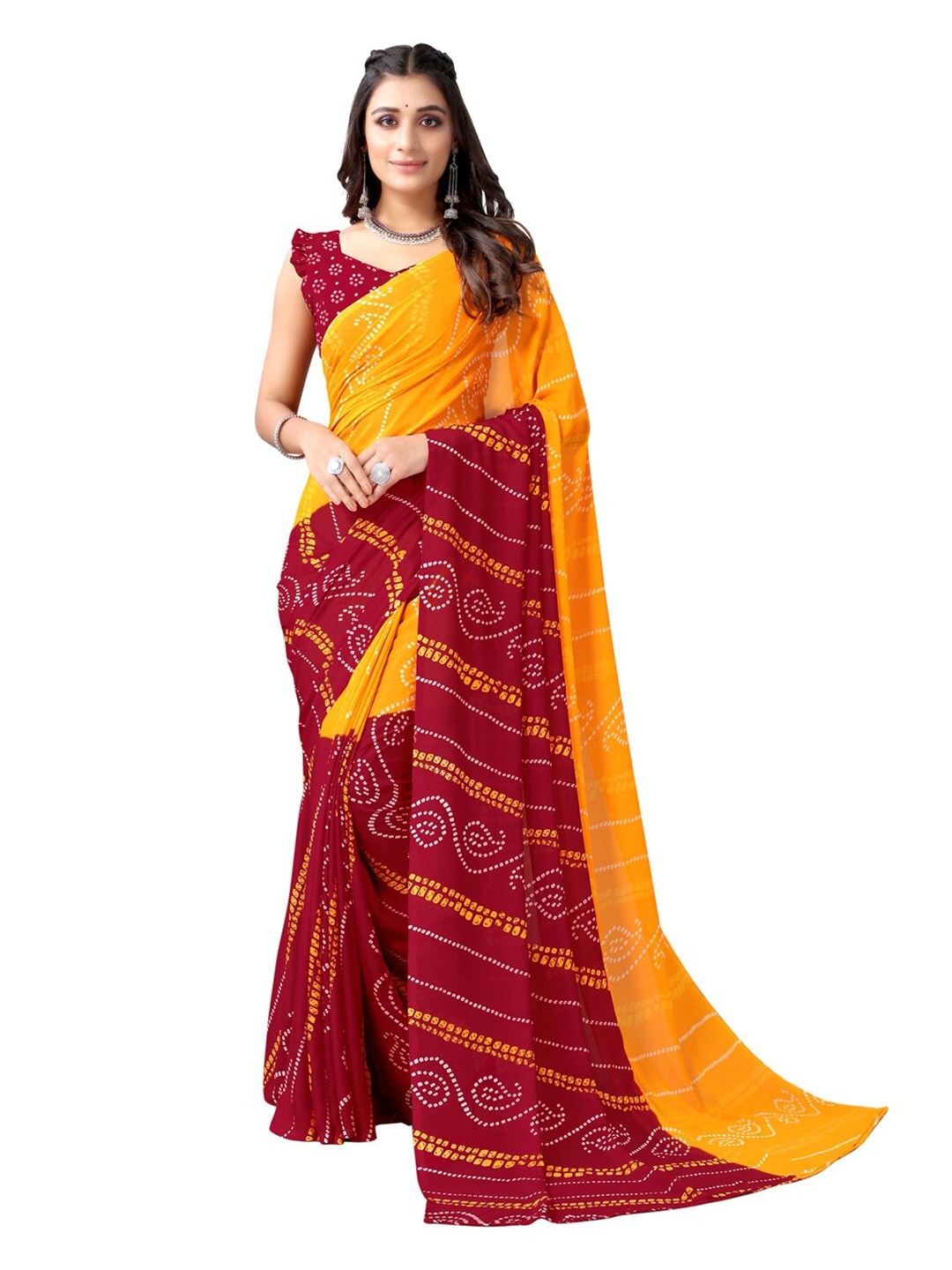 

KALINI Yellow & Maroon Bandhani Printed Saree