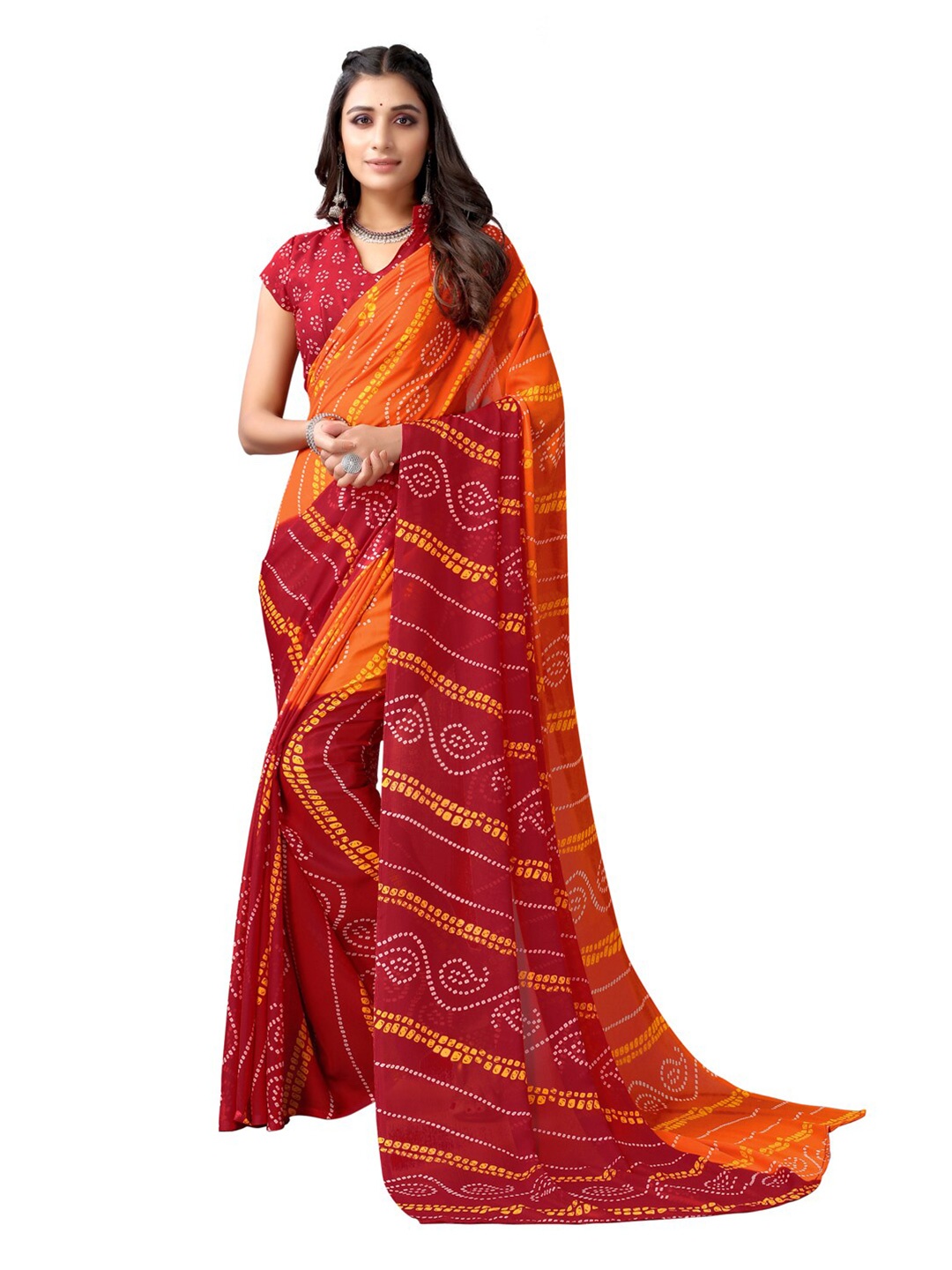 

KALINI Orange & Red Bandhani Saree