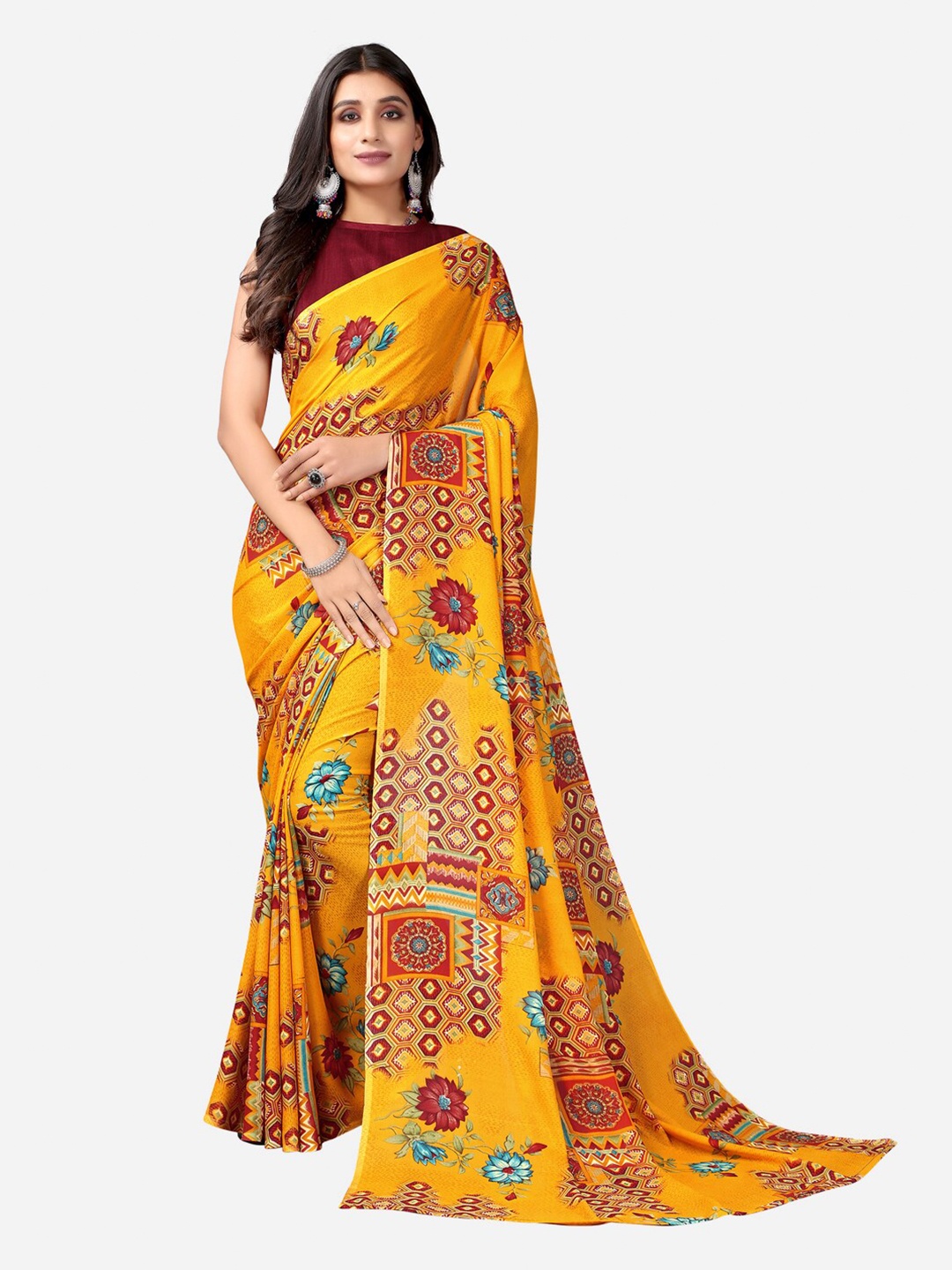 

KALINI Mustard & Red Floral Saree