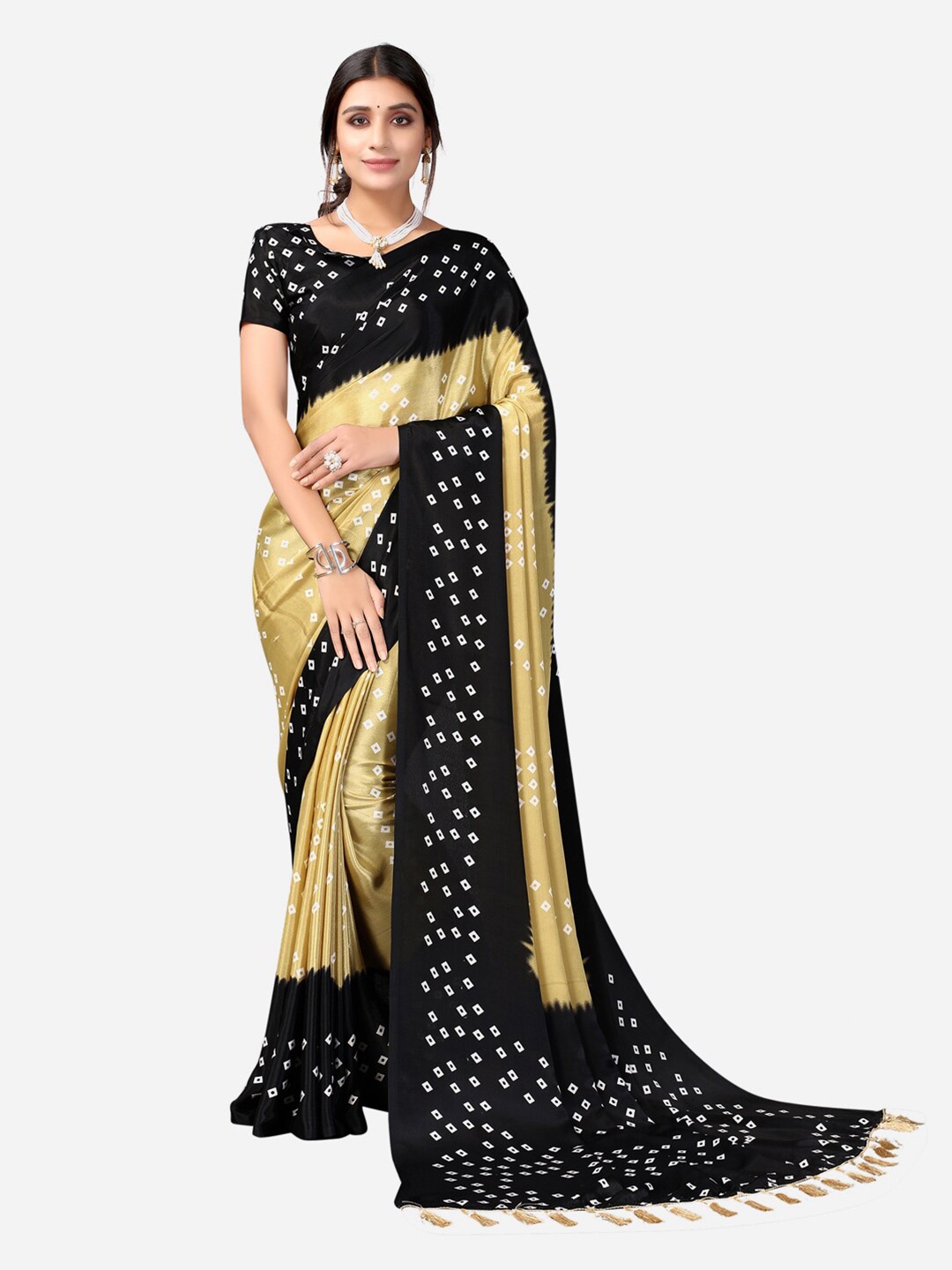 

KALINI Black & Beige Silk Blend Bandhani Saree