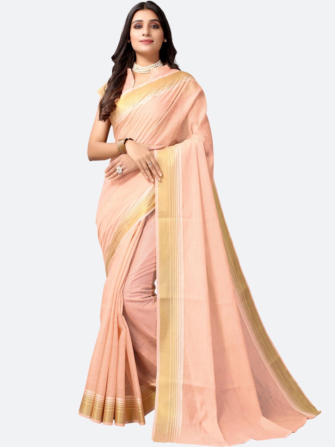 

KALINI Peach-Coloured Solid Woven Design Polycotton Saree