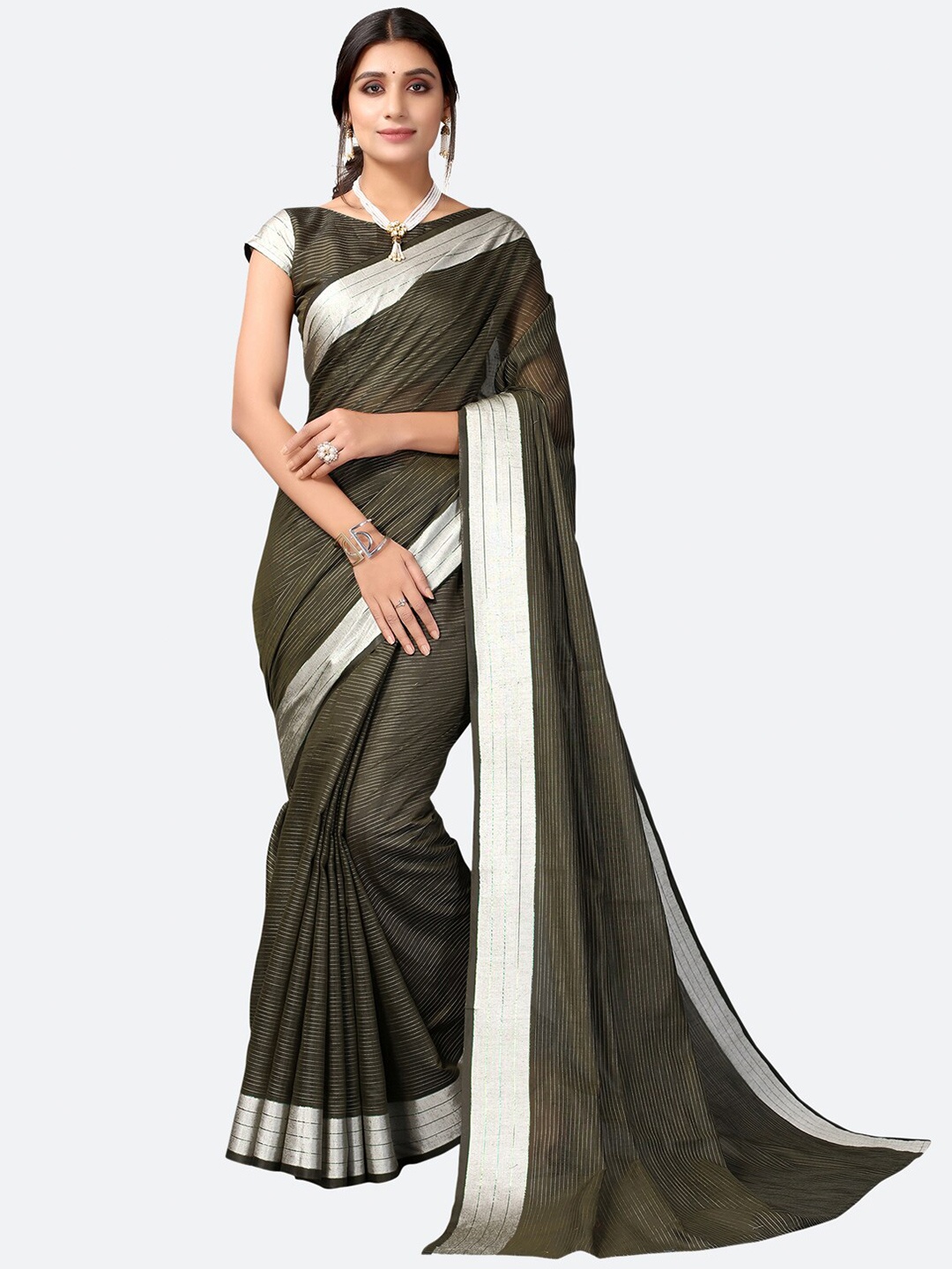 

KALINI Olive Green & Silver-Toned Striped Zari Saree