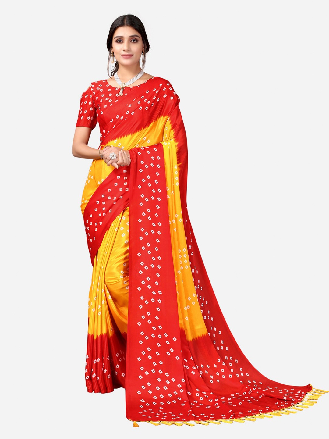 

KALINI Red & Yellow Printed Silk Blend Bandhani Saree