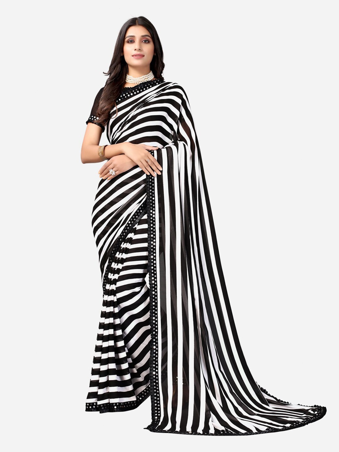 

KALINI Black & White Striped Printed Poly Georgette Saree