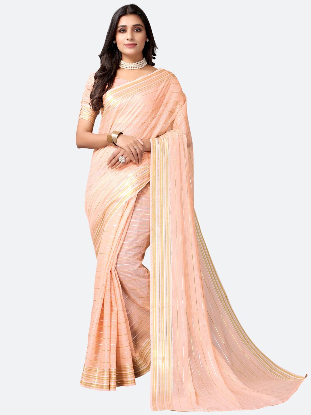 

KALINI Peach-Coloured & Gold-Toned Striped Zari Saree