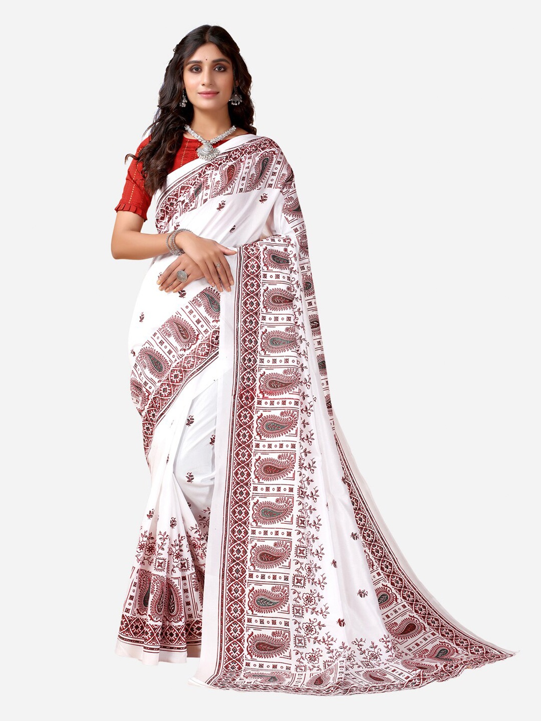 

KALINI White & Maroon Ethnic Motifs Saree