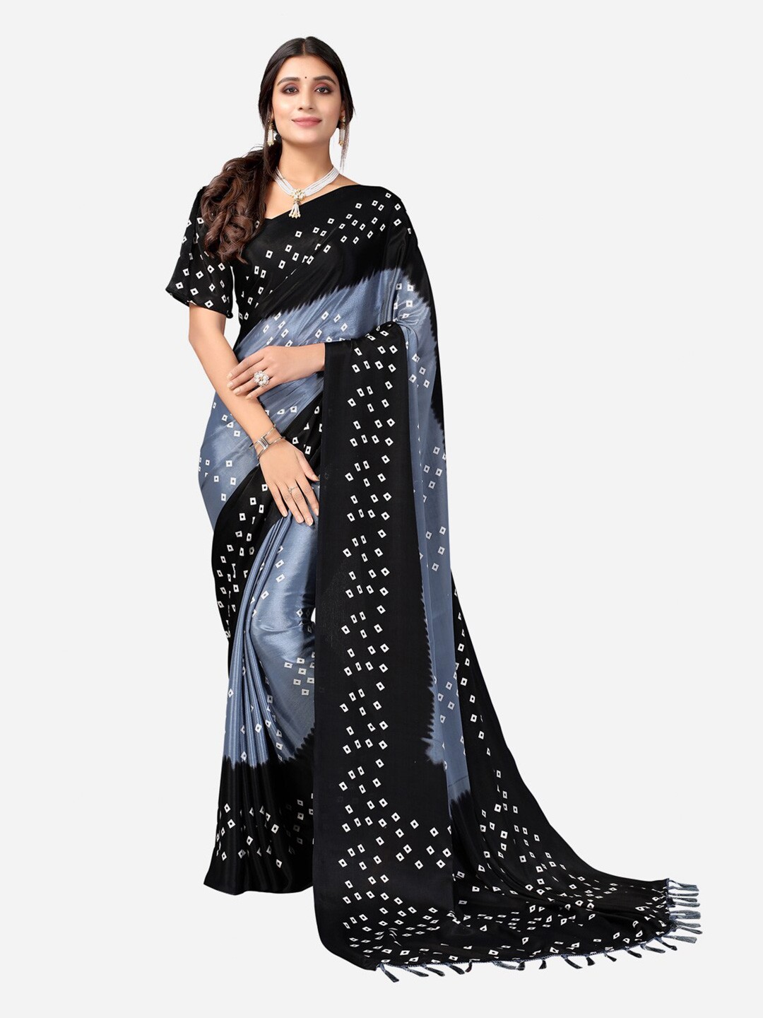 

KALINI Black & Grey Bandhani Printed Silk Blend Bandhani Saree