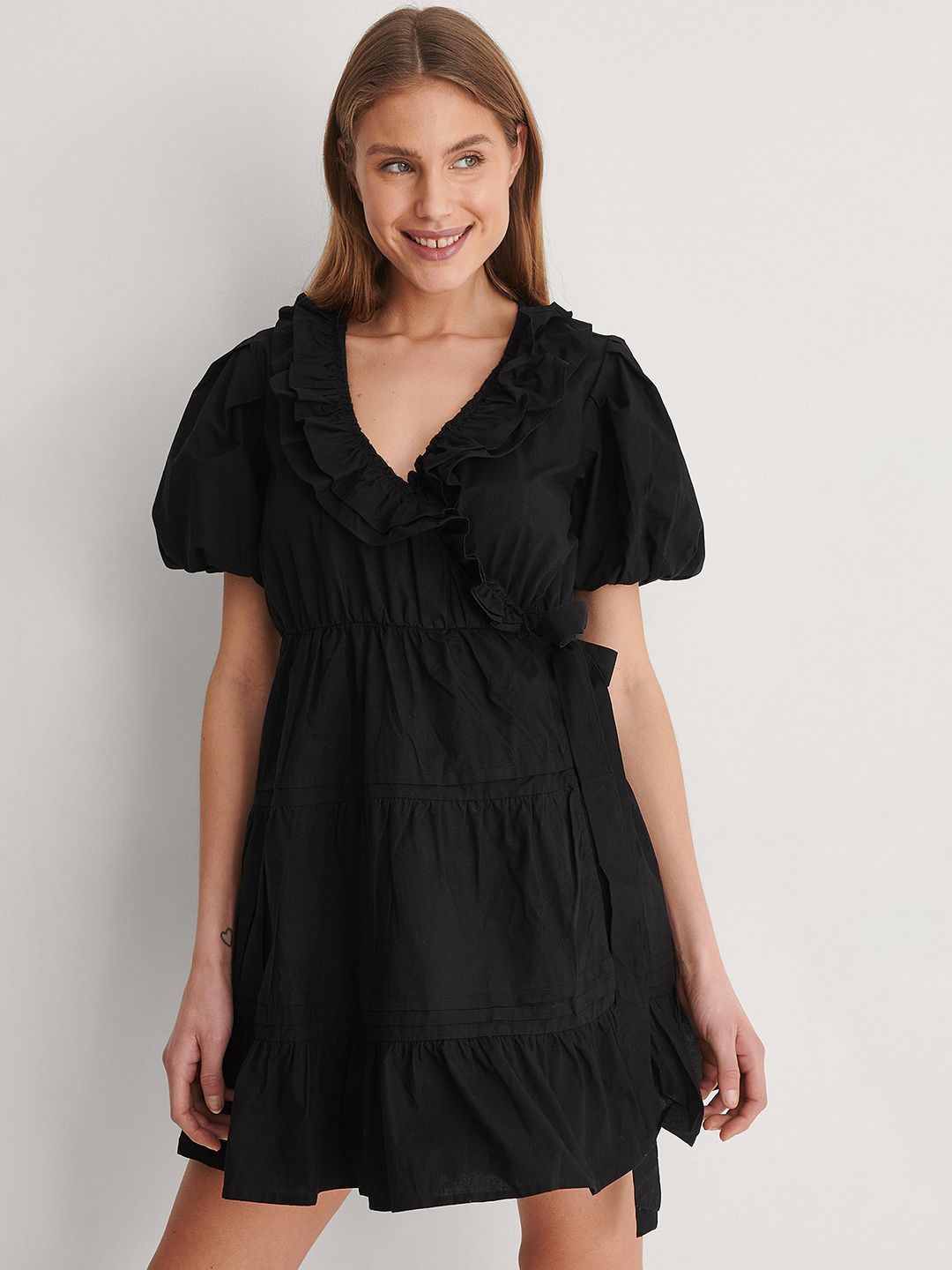 

NA-KD Women Black Pure Cotton Wrap Dress