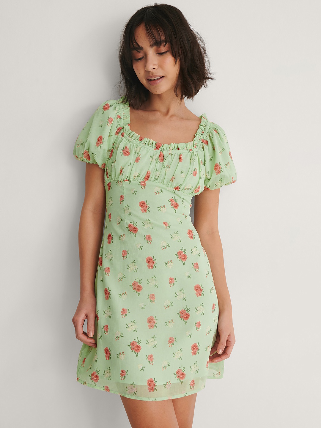 

NA-KD X Buona Lima Green & Pink Floral Print A-Line Mini Dress