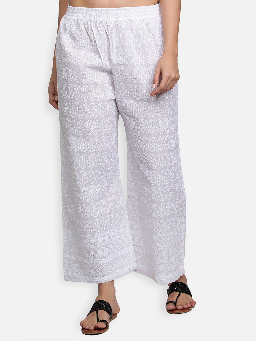 

Fabclub Women White Ethnic Motifs Embroidered Ethnic Cotton Palazzos