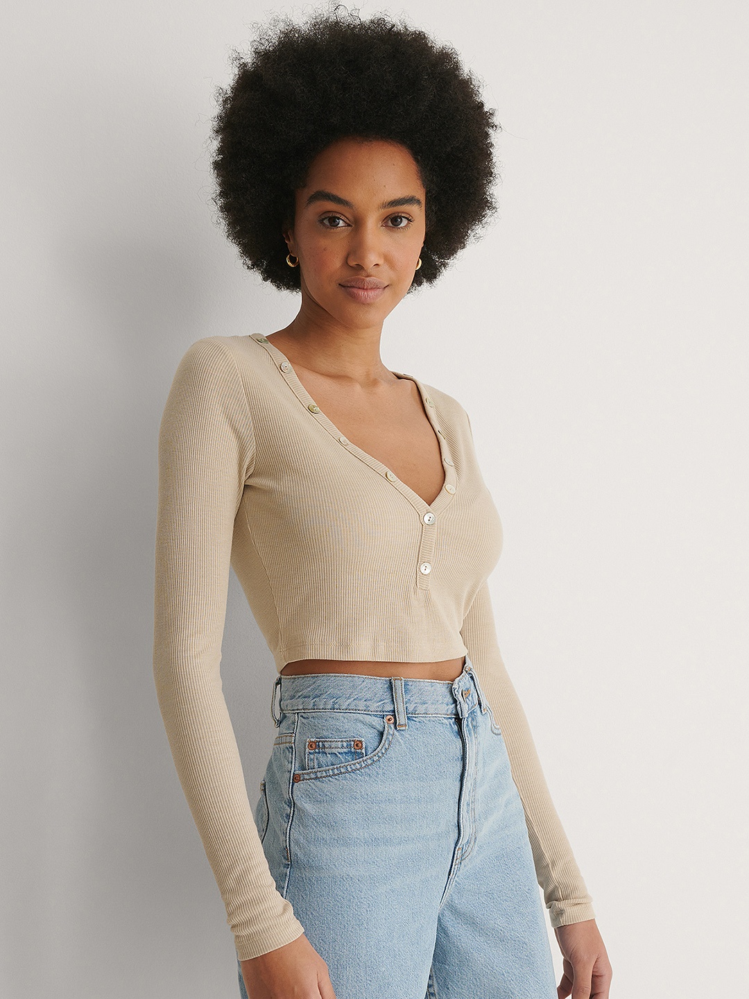 

NA-KD Women Beige Ribbed Crop Top