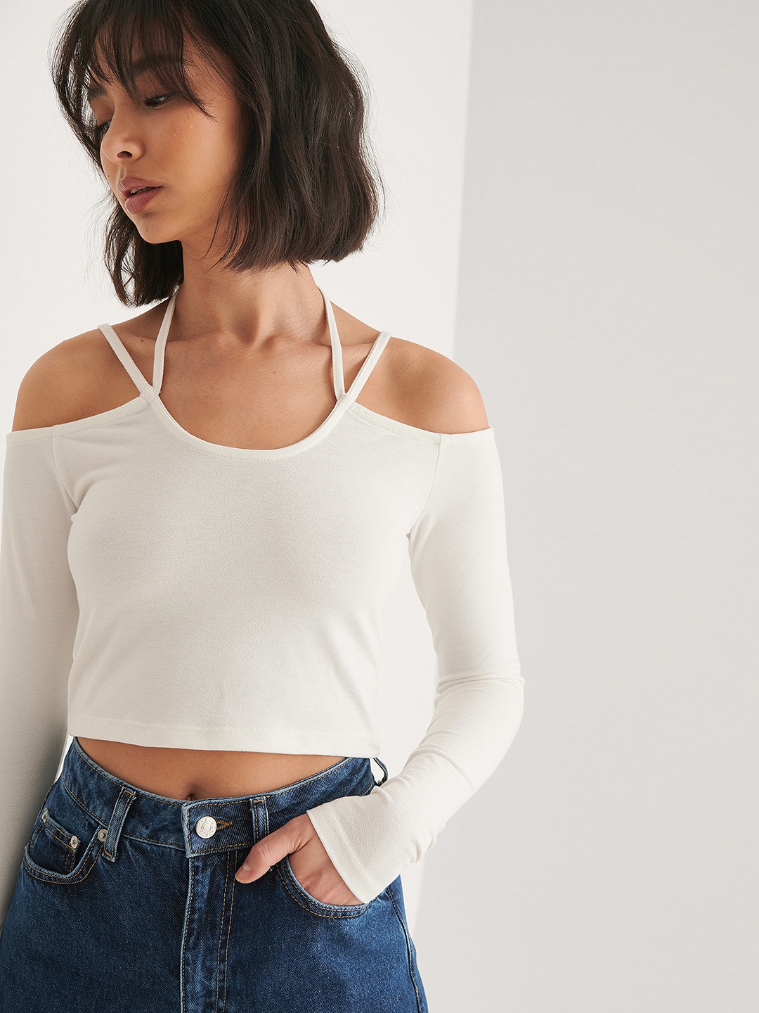 

NA-KD Women White Solid Crop Top