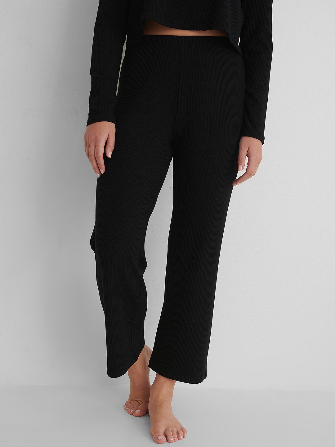 

NA-KD Women Black Ribbed Cropped Lounge Pants