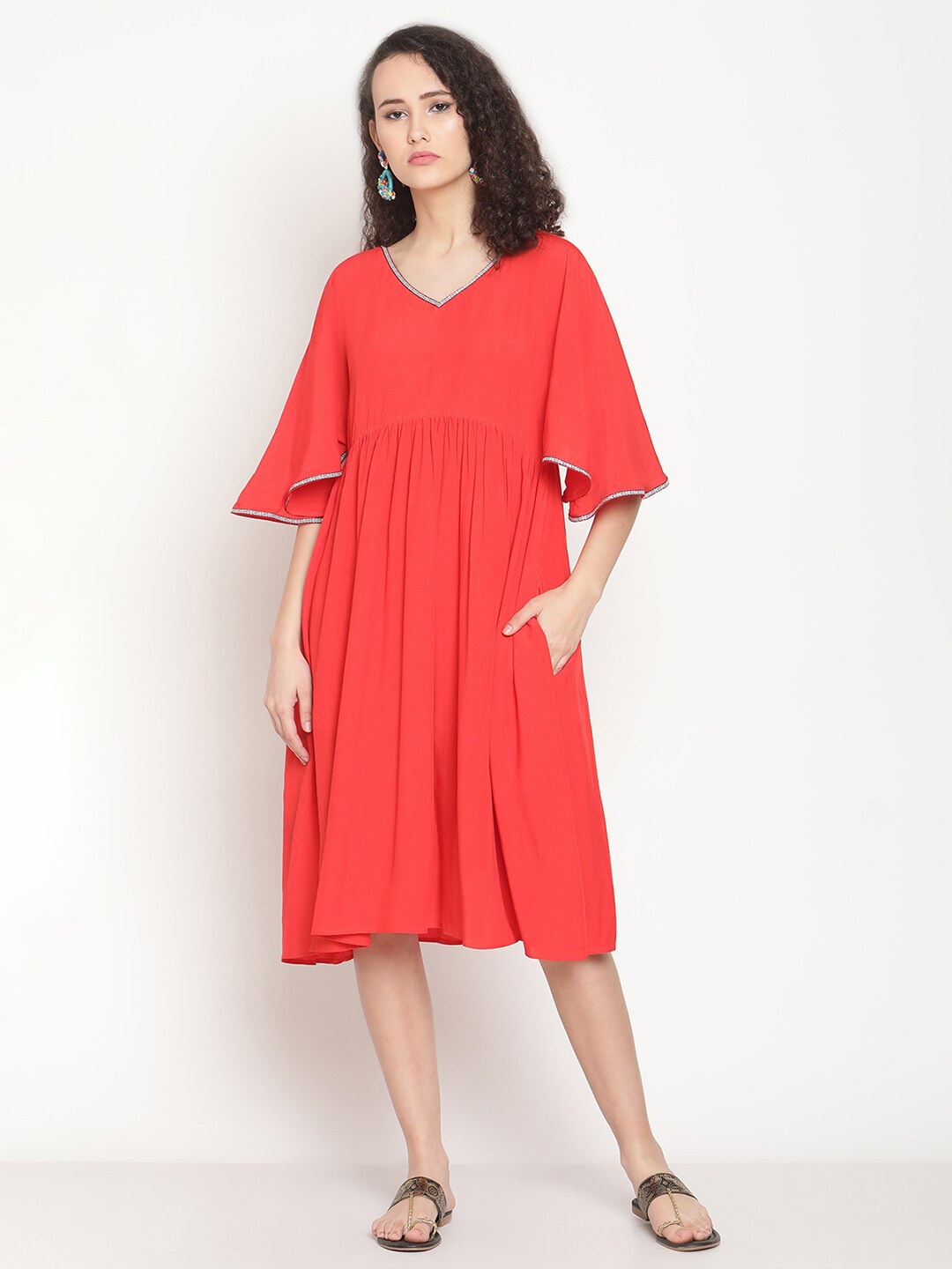

Abhishti Gathered & Pleated Kimono Sleeves Midi Dress, Orange
