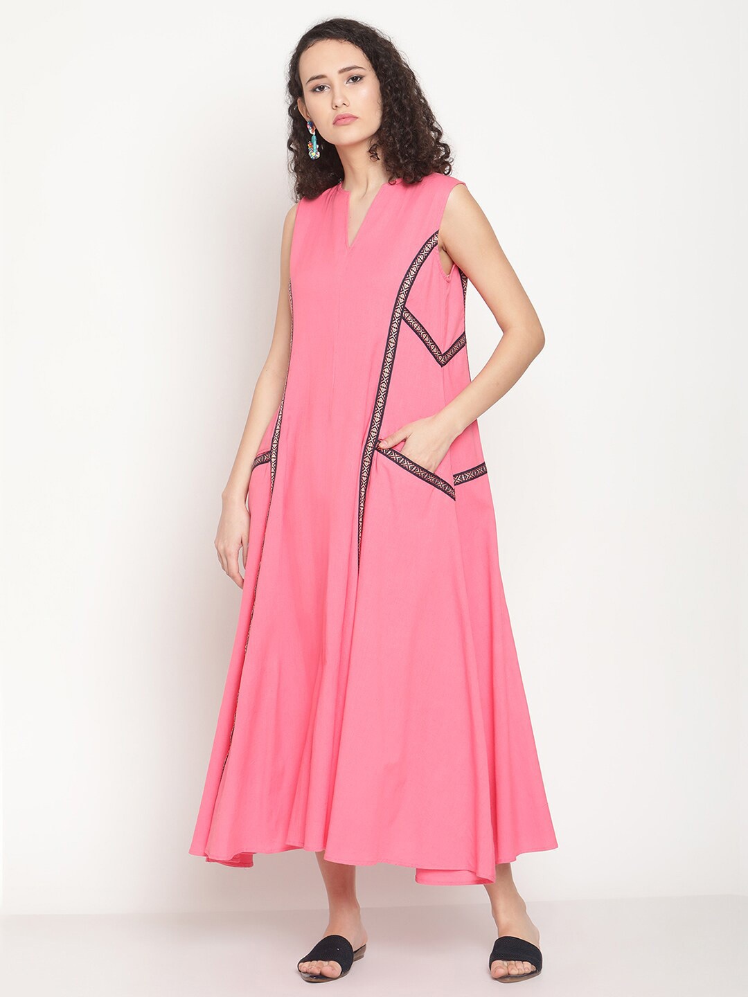 

Abhishti Jacquard Lace Panelled Cotton A-Line Maxi Dress, Pink