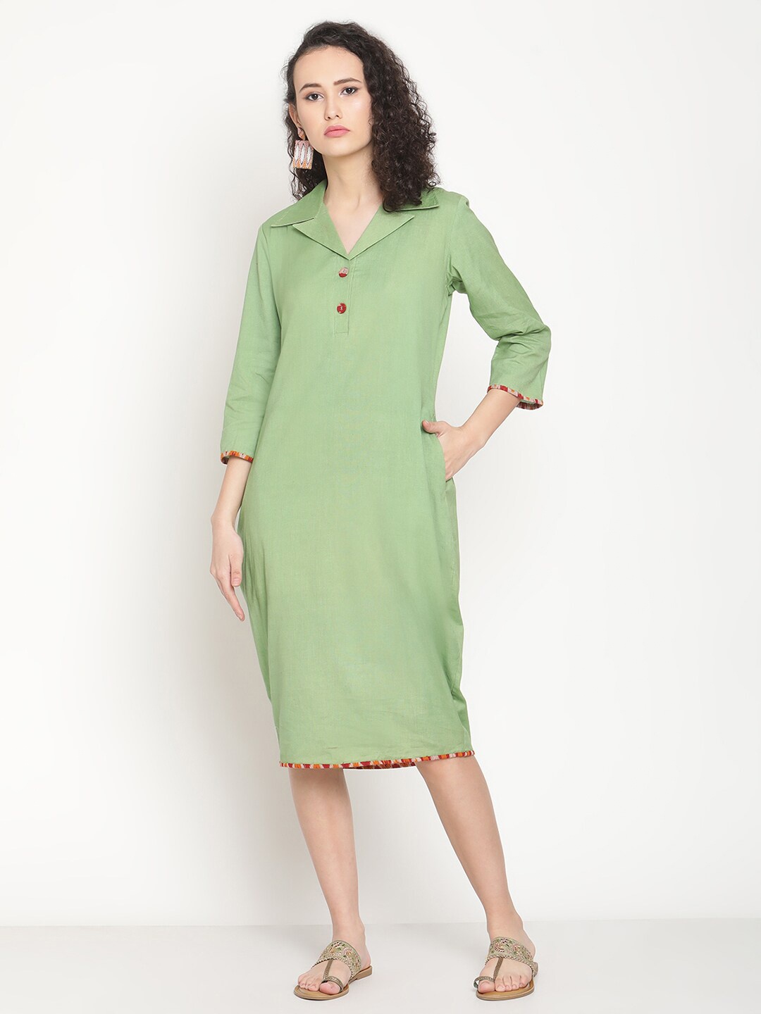 

Abhishti Women Sage Green Solid Cotton Shirt Midi Dress