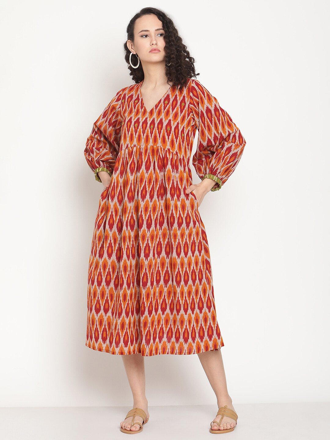 

Abhishti Sunset Red Ikat Midi Dress With Bead Work