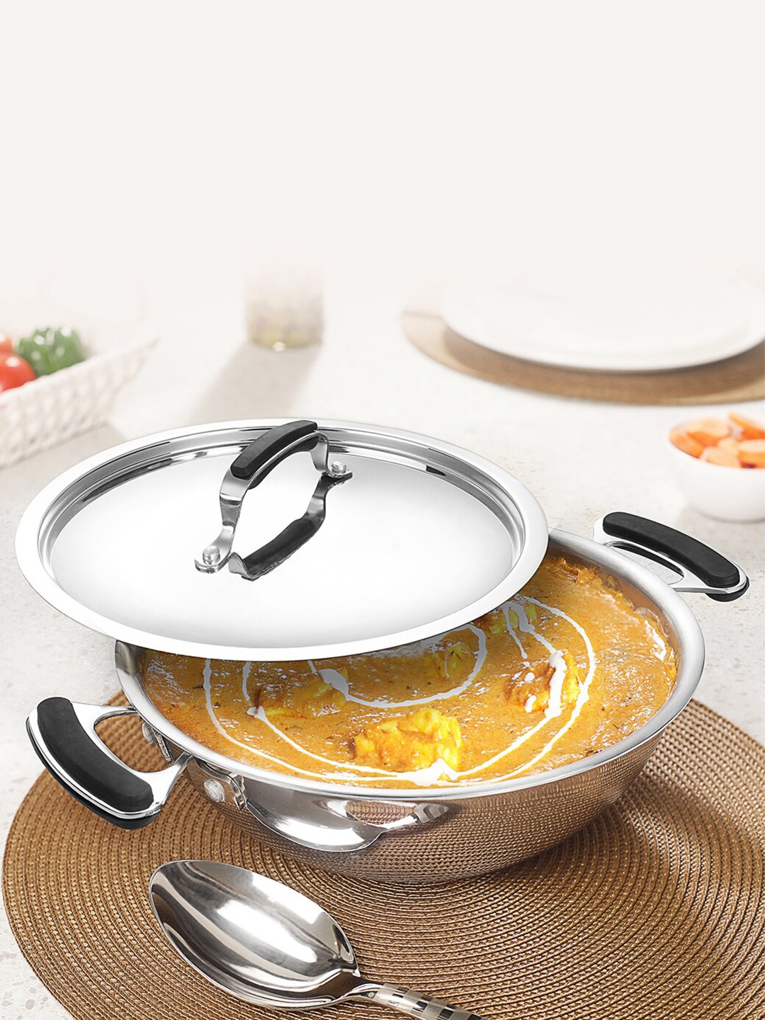 

INOXBARON Silver-Toned Solid Stainless Steel Kadhai With Lid