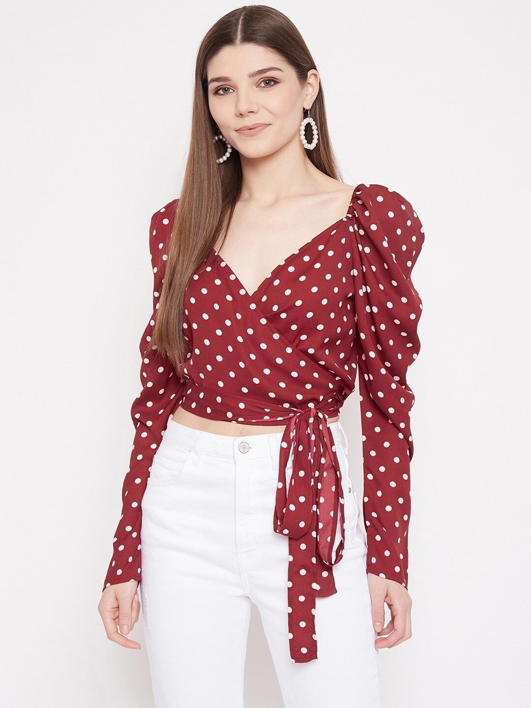 

Berrylush Polka Dot Printed Crepe Wrap Crop Top, Maroon