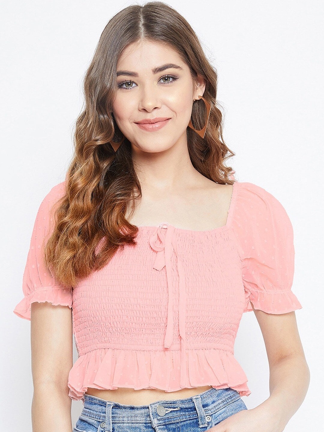 

Berrylush Pink Crepe Cinched Waist Smocked Crop Top