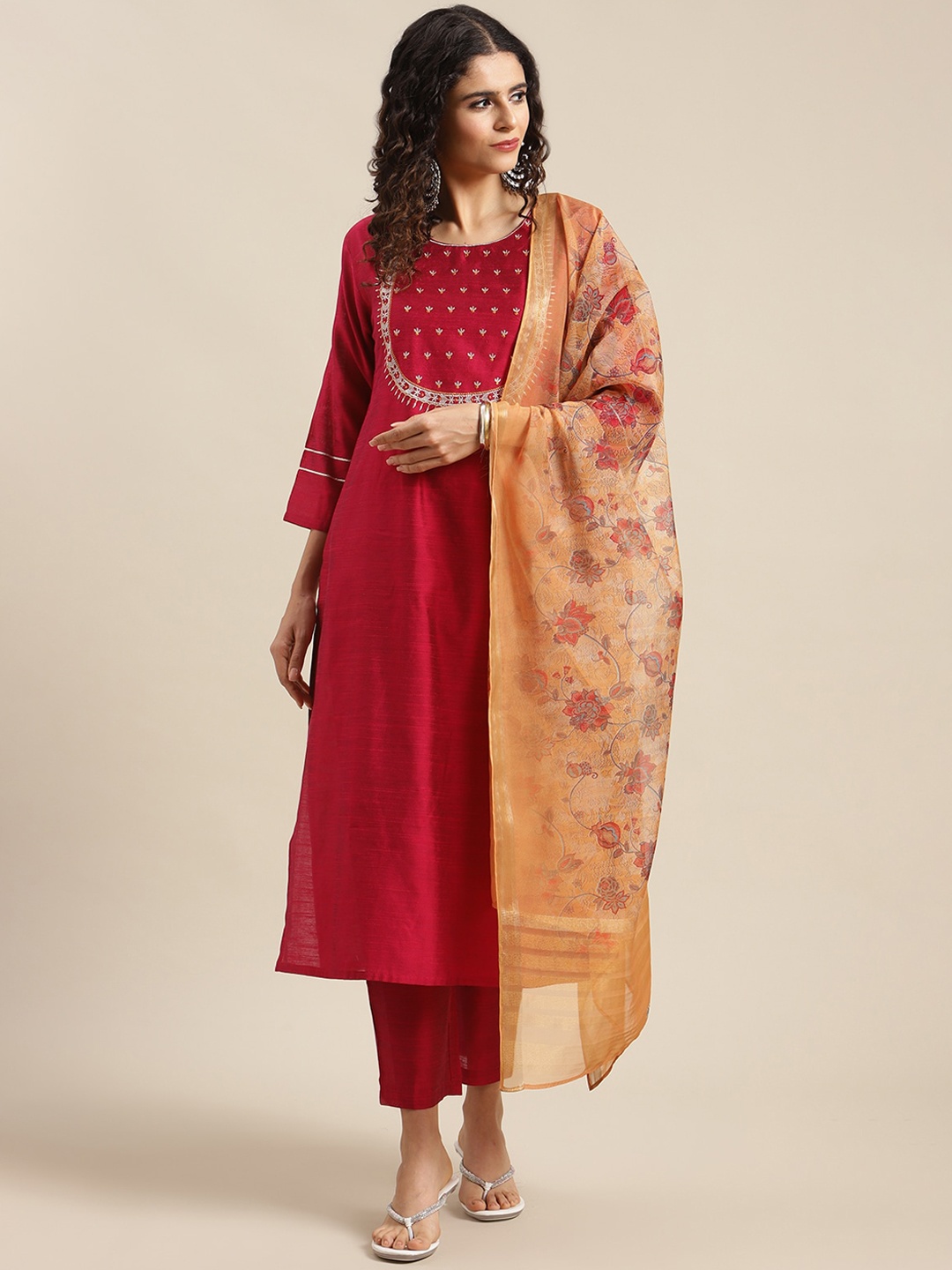 

Varanga Women Maroon Ethnic Motifs Yoke Design Thread Work Kurta with Trousers & With Dupatta