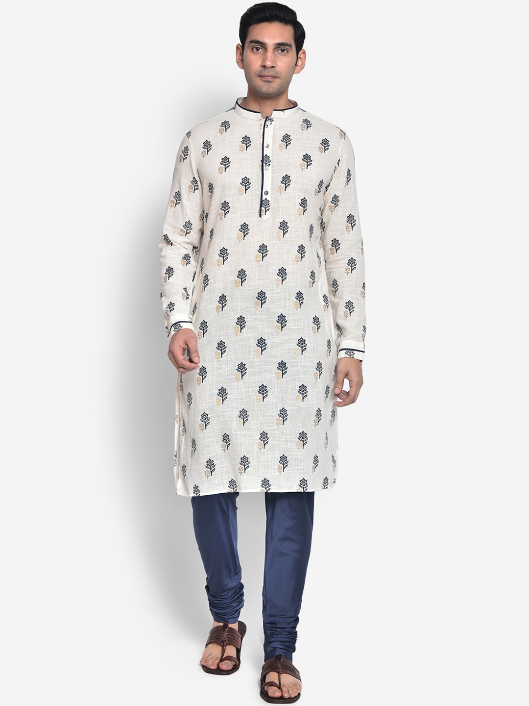

KISAH Men White Floral Printed Kurta with Churidar