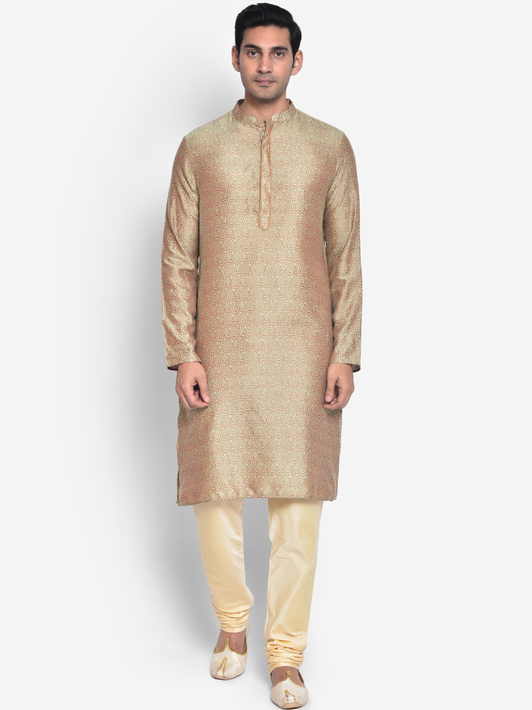 

KISAH Men Beige Woven Design Cotton Blend Kurta Pyjamas Set