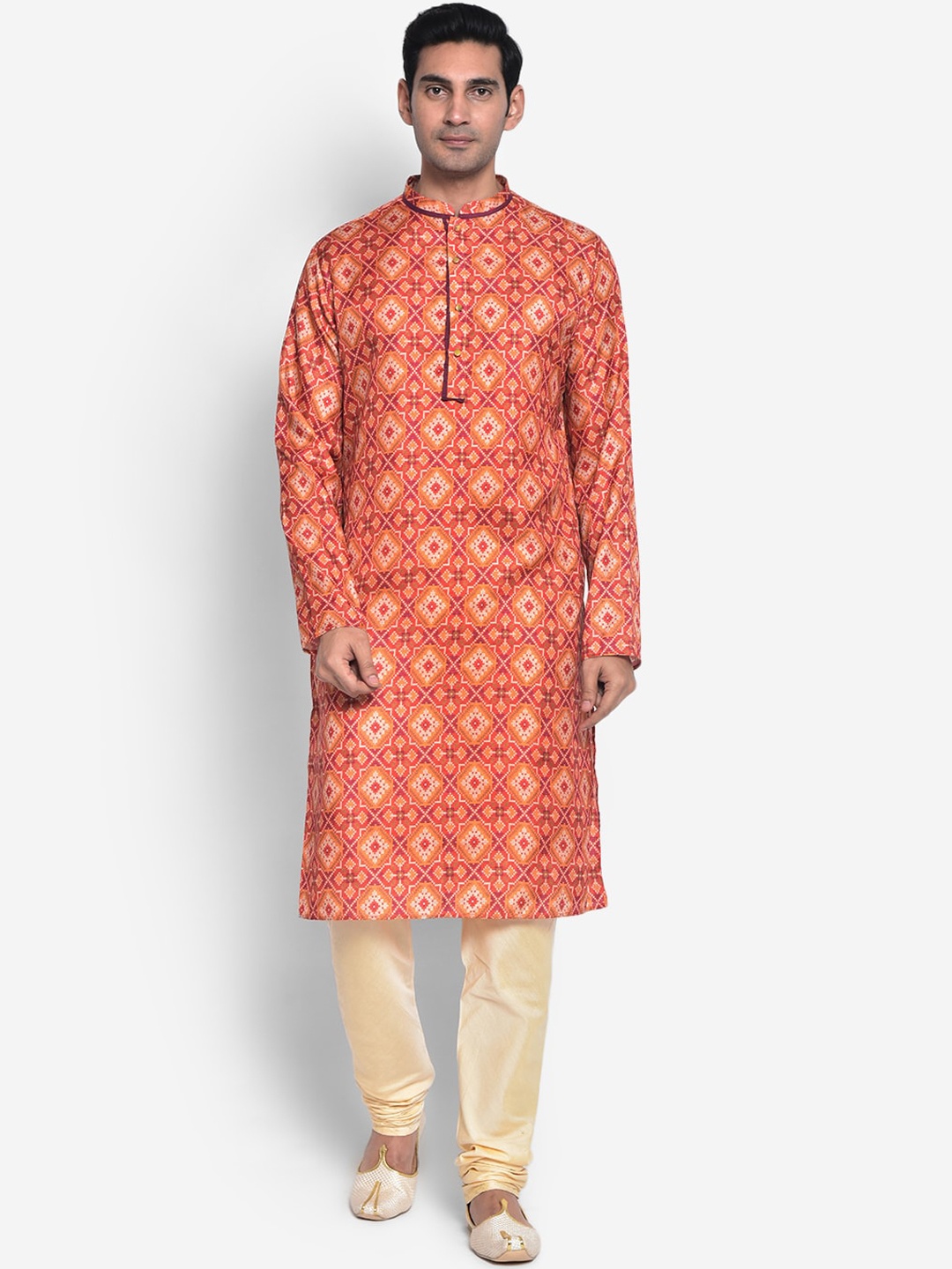 

KISAH Men Orange & Cream Printed Cotton Blend Kurta Pyjamas Set