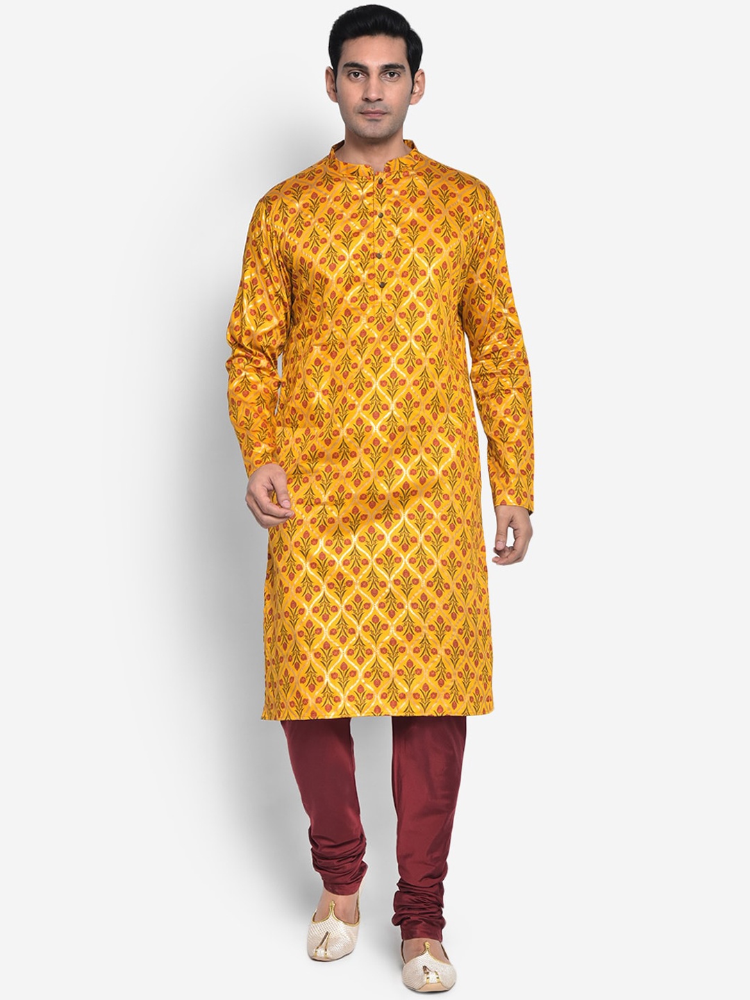 

KISAH Men Yellow & Burgundy Floral Printed Cotton Blend Kurta Pyjamas Set