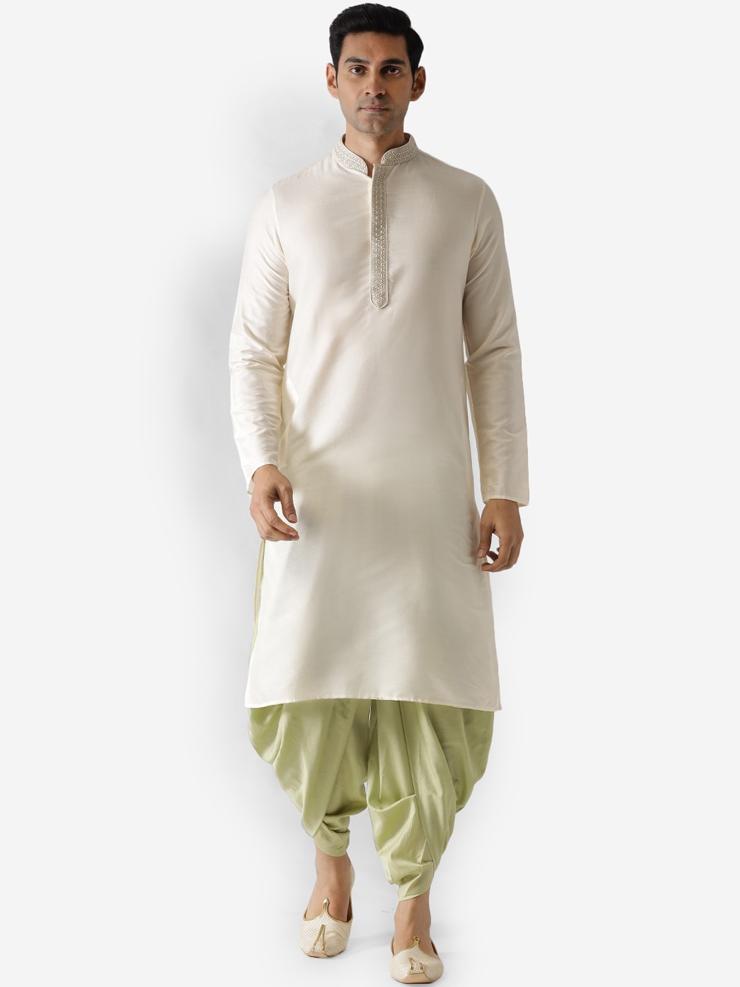 

KISAH Men Off-White & Pastel Green Kurta with Dhoti Pants