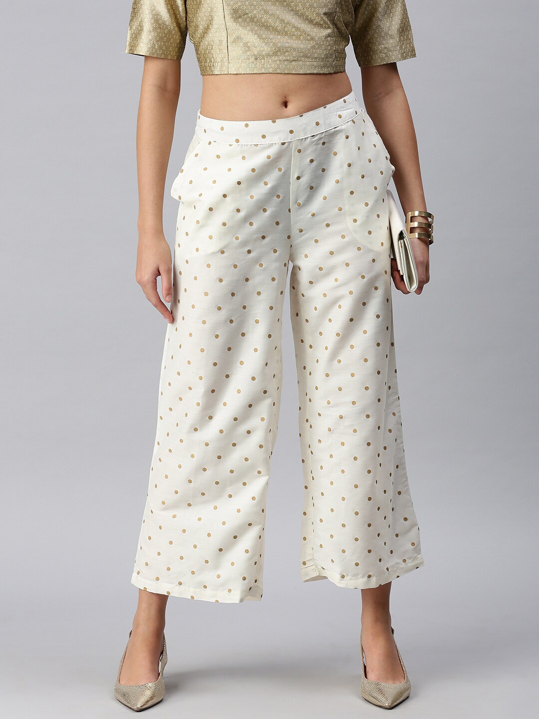 

De Moza Women Off White & Gold-Toned Polka Dots Printed Wide Leg Palazzos