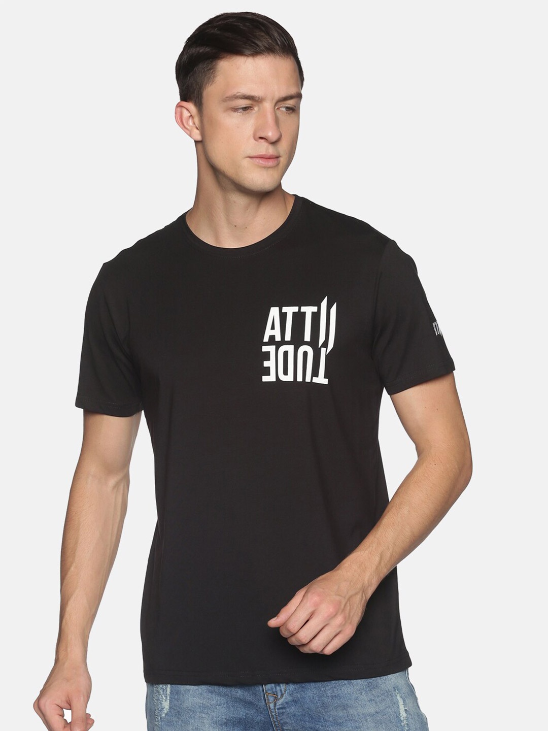 

ATTIITUDE Men Black Typography Printed Dri-FIT Cotton Slim Fit T-shirt