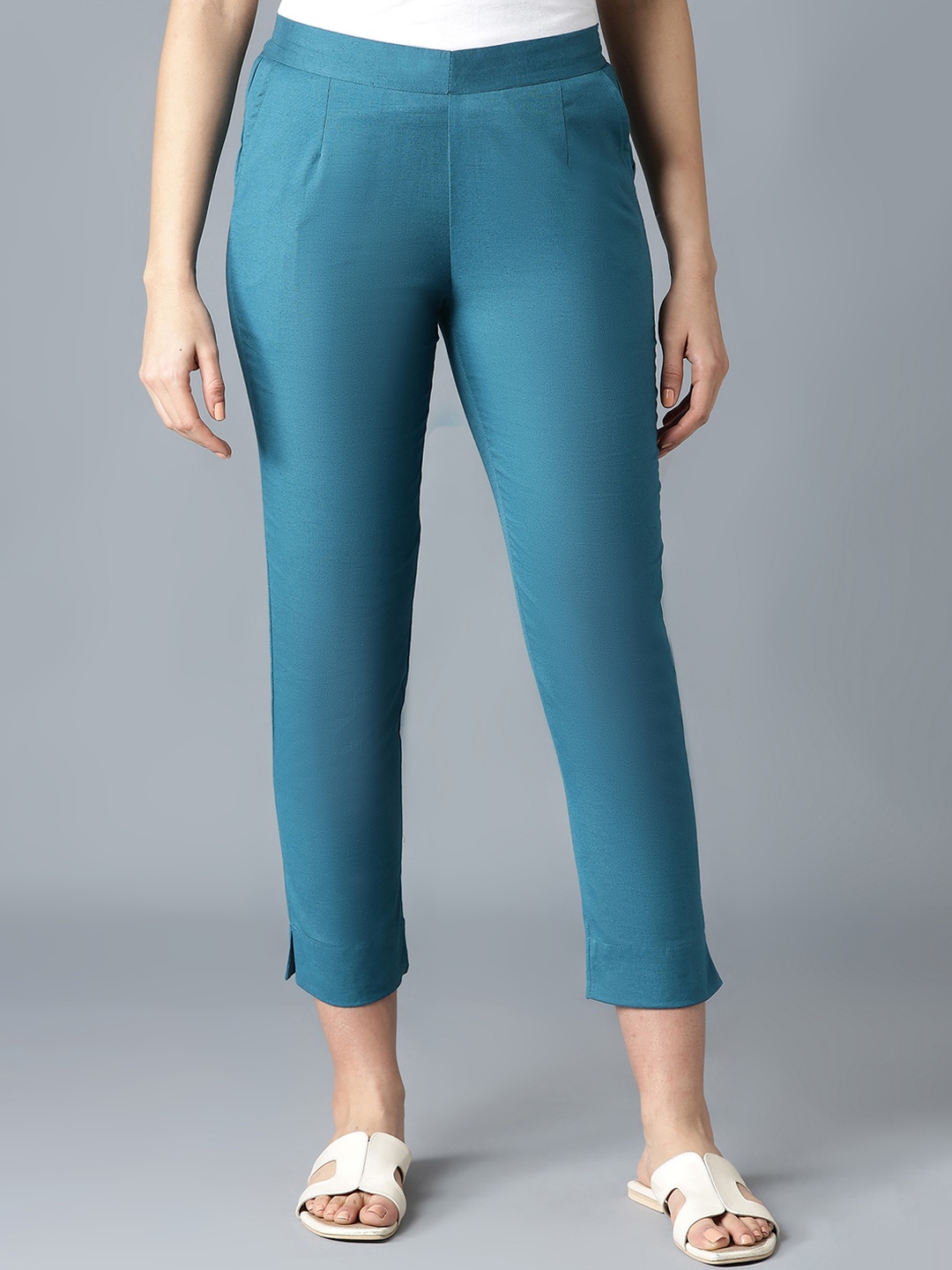 

AURELIA Women Teal Blue High-Rise Cropped Trousers