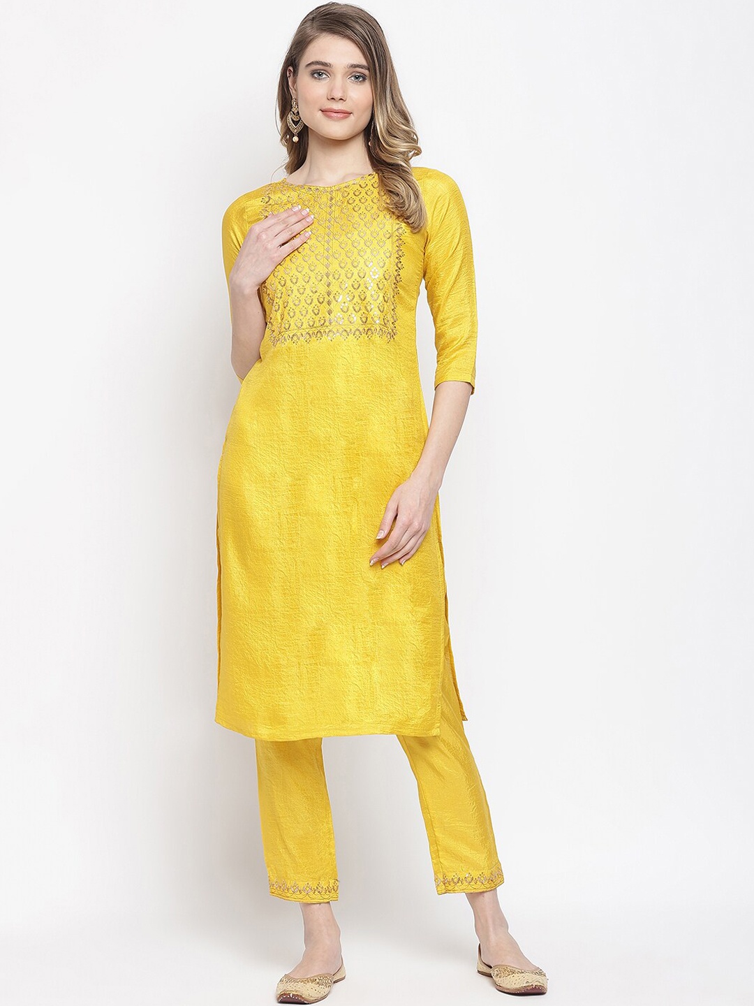 

KALINI Women Yellow Ethnic Motifs Embroidered Sequinned Kurta with Palazzos