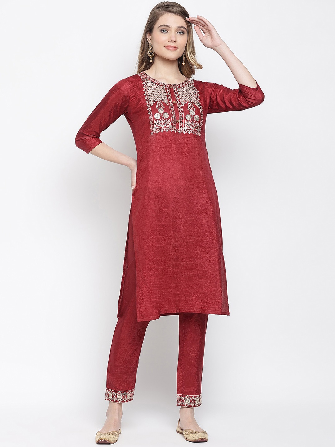 

KALINI Women Maroon Ethnic Motifs Embroidered Sequinned Kurta with Trousers