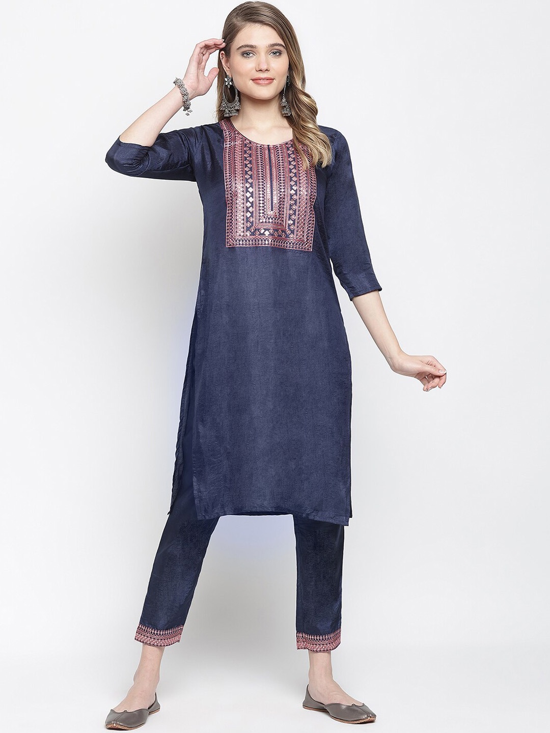 

KALINI Women Navy Blue Ethnic Motifs Printed Sequinned Kurta with Trousers
