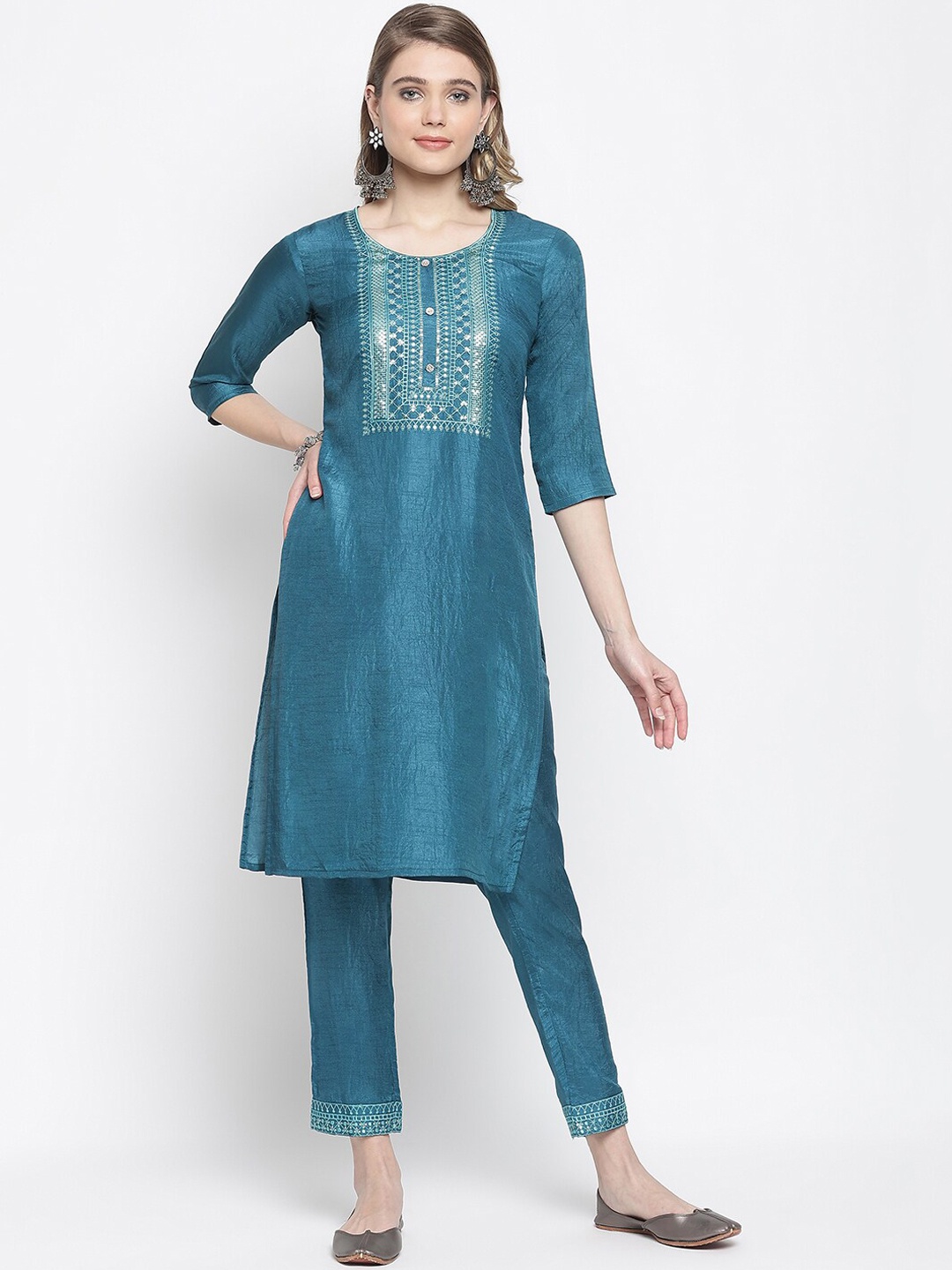 

KALINI Women Teal High Slit Sequinned Kurta with Trousers