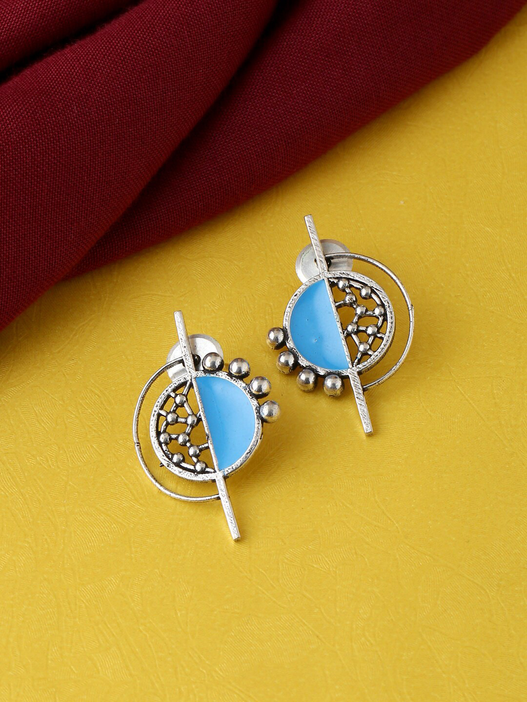 

kashwini Oxidised Silver-Plated Turquoise Blue Contemporary Studs Earrings